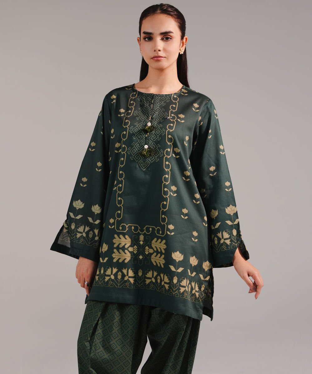 Women's RTW Cotton Satin Printed Dark Green Straight Shirt