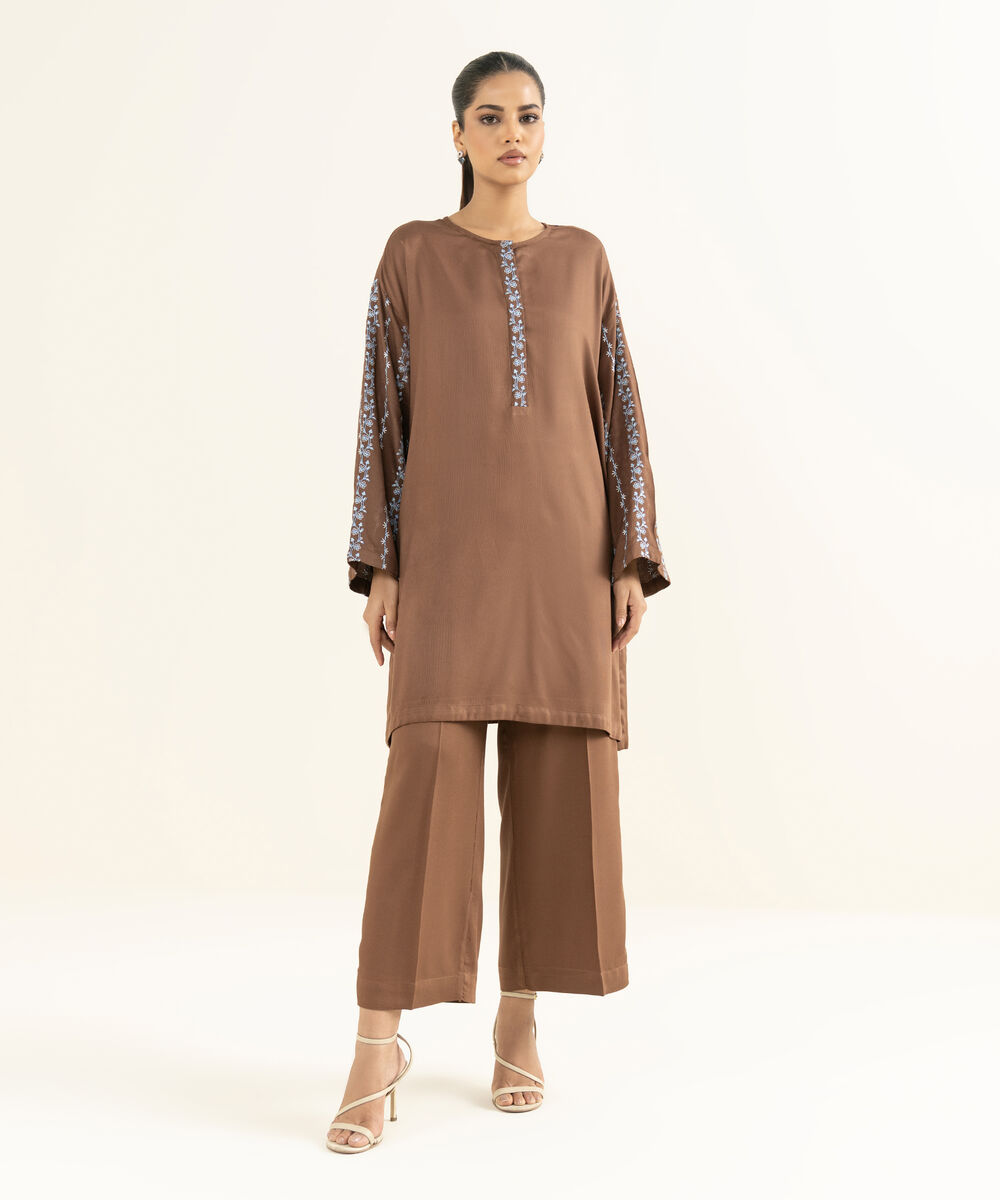 Women's RTW Bedford  Embroidered Brown Drop Shoulder 2 Piece Suit