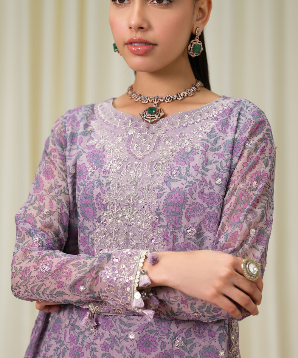 Women's Unstitched Blended Chiffon Embroidered Purple 3 Piece Suit