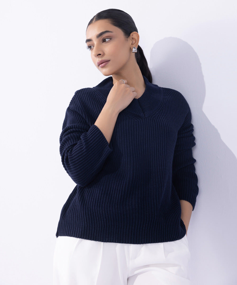 Woman - Blue V Neck Knit Sweater