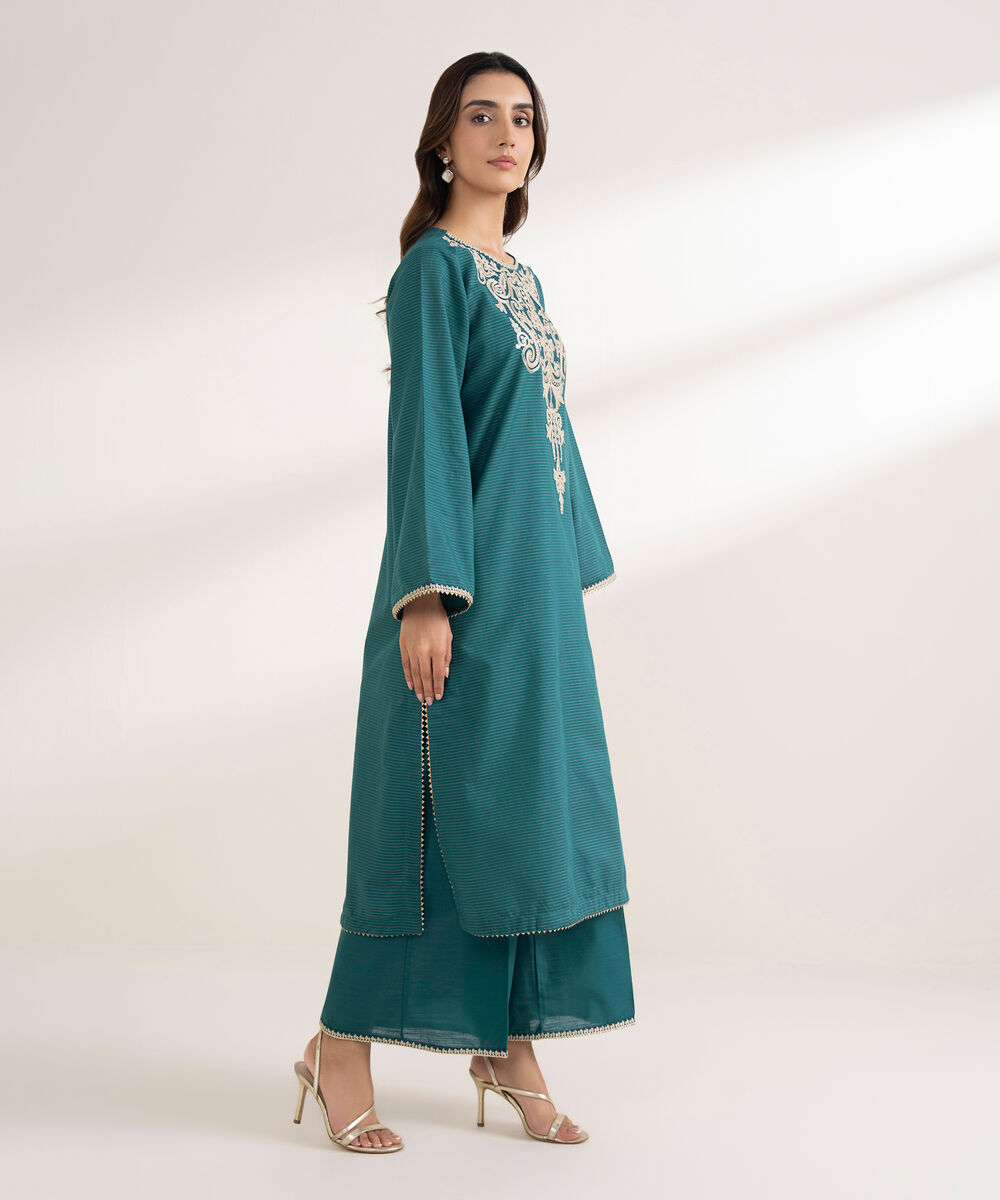 Women's RTW Zari Cotton Embroidered Straight Blue Shirt