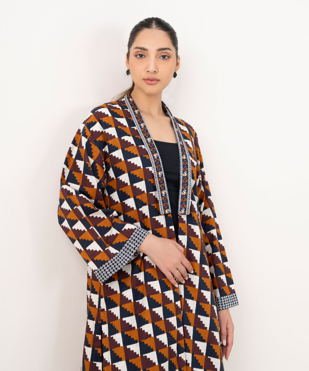 Women's RTW Light Khaddar Embroidered Brown Front Open Shirt