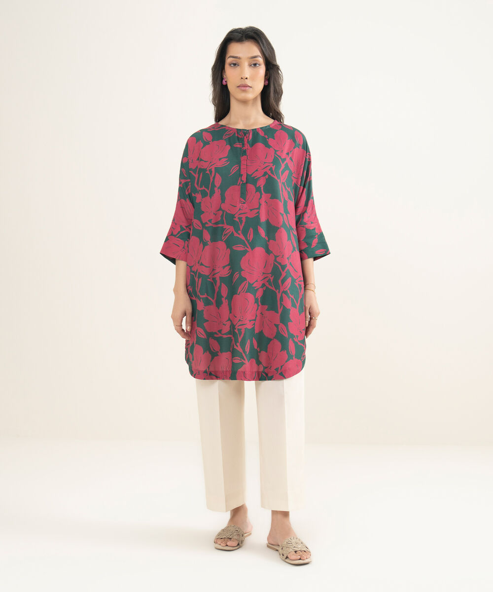 Women's RTW Arabic Cambric Printed Green Drop Shoulder Shirt