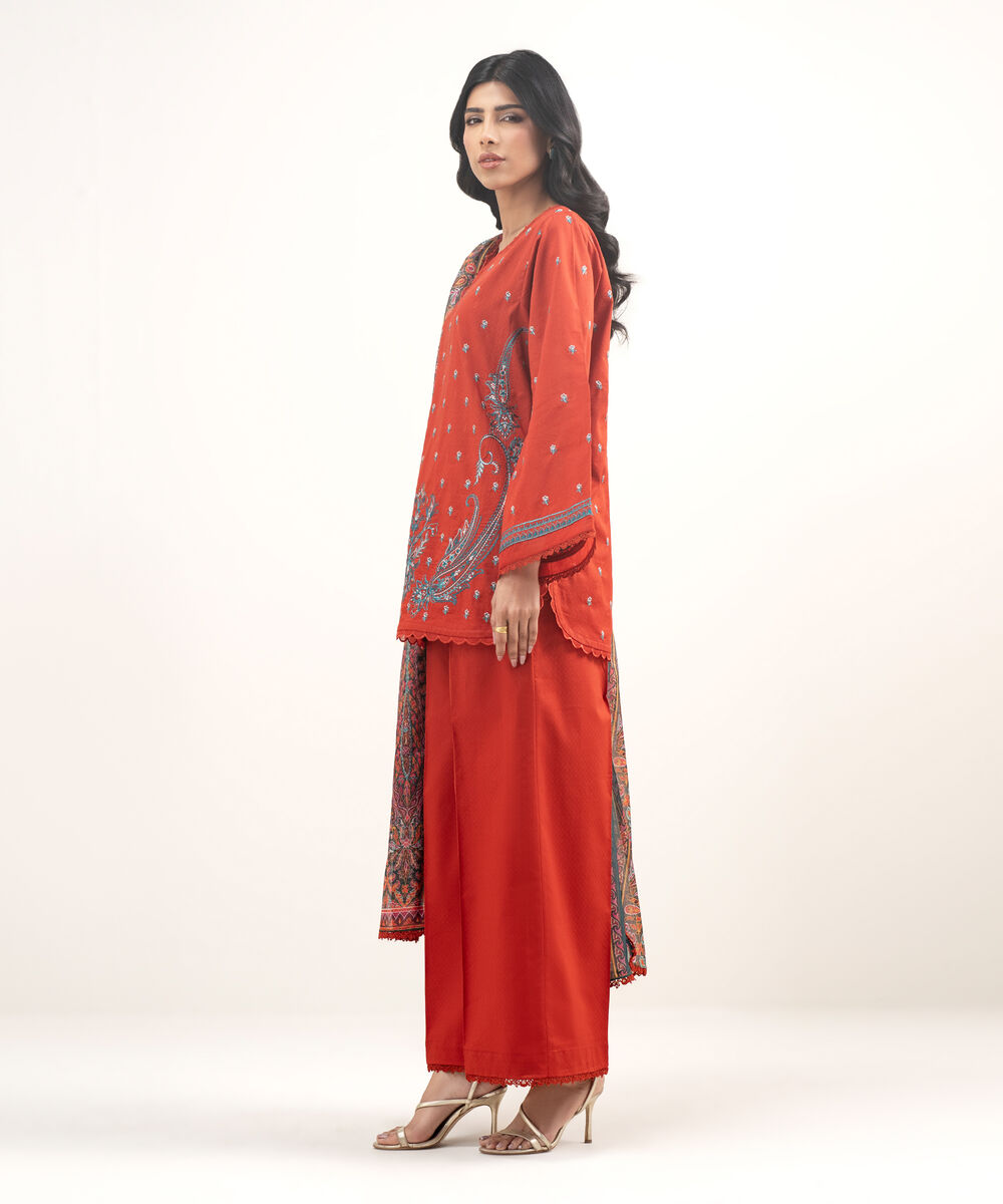 Women's RTW Dobby Embroidered Red 3 Piece Suit