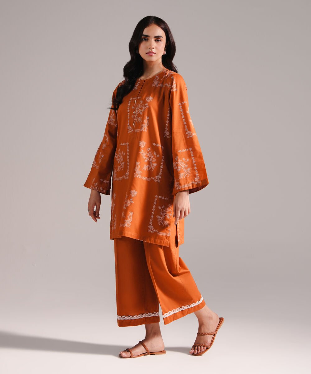 Women's RTW Lawn Printed Rust Straight Shirt