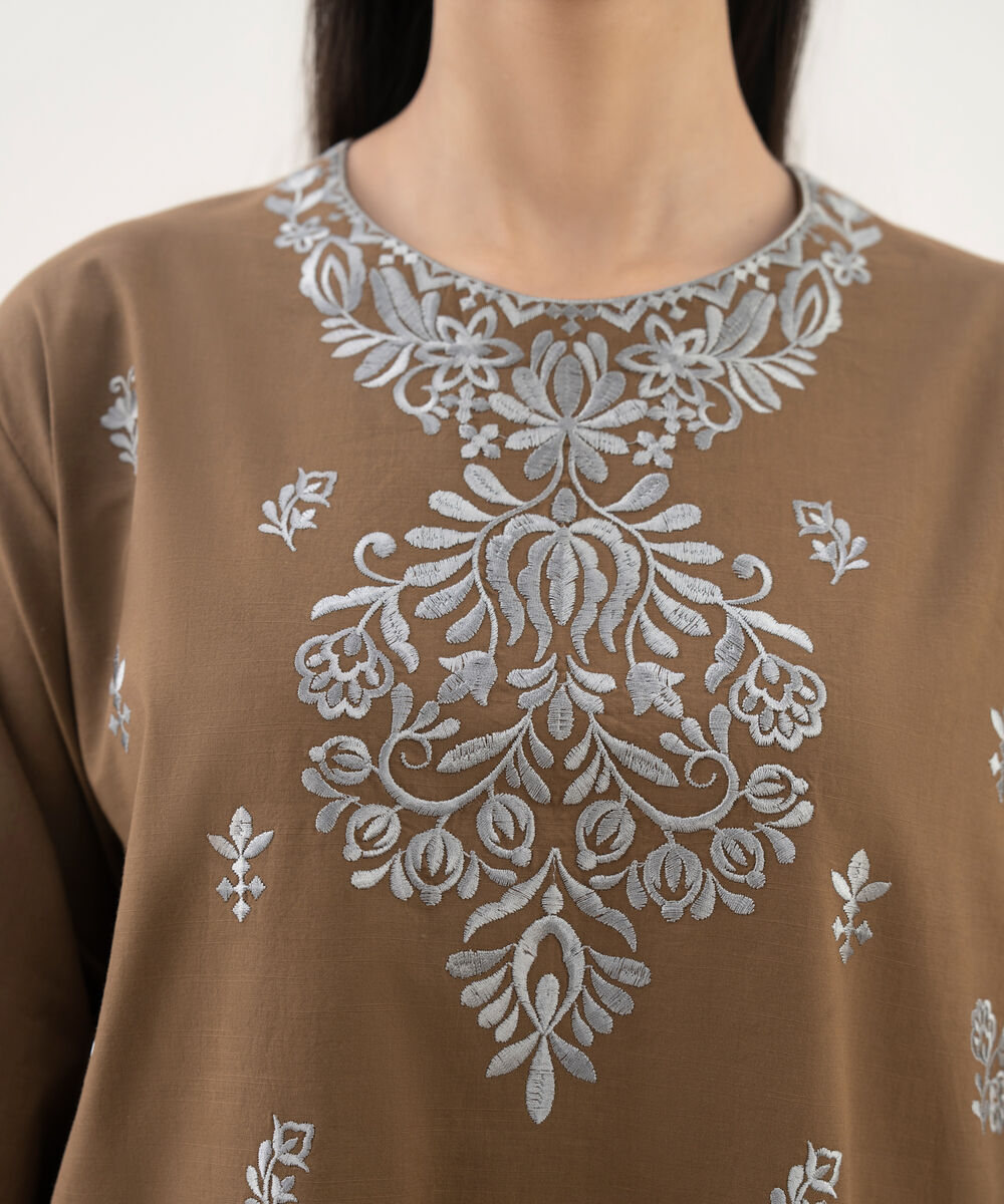 Women's Unstitched Cotton Embroidered Brown  3 Piece Suit