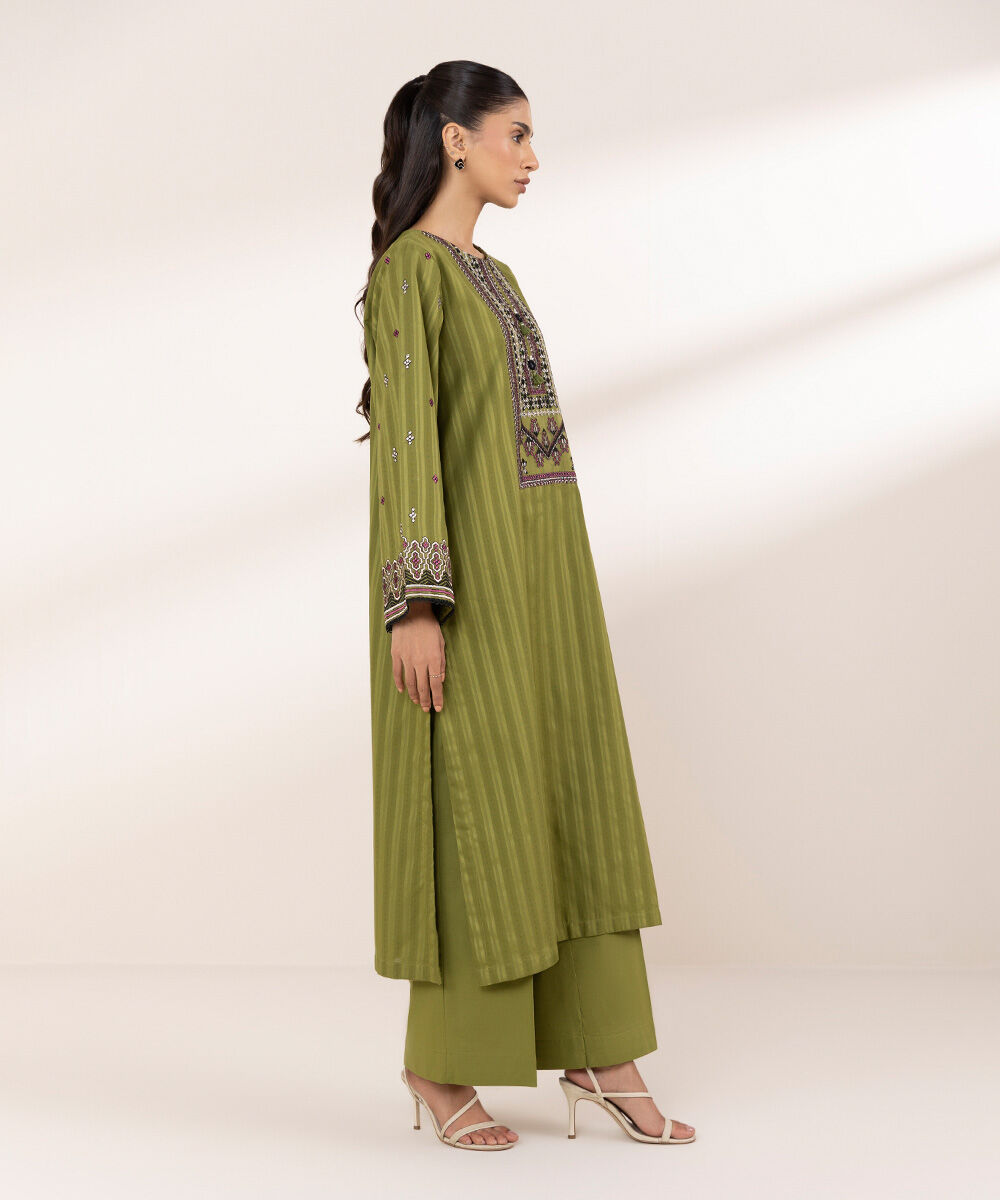 Women's RTW Textured Cotton Green Embroidered A-Line Shirt