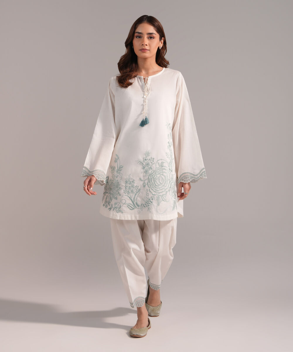 Women's RTW Crosshatch Embroidered Off White Straight Shirt