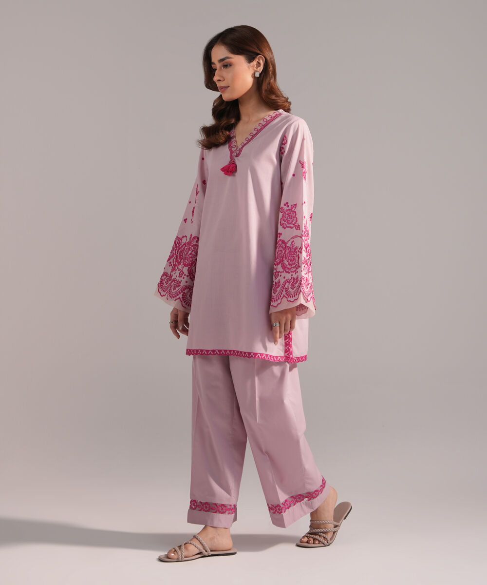 Women's RTW Crosshatch Embroidered Light Purple Straight Shirt