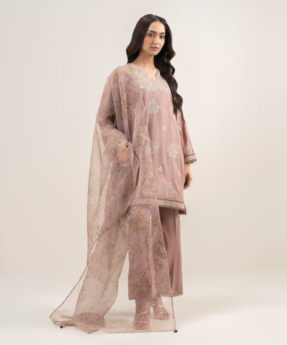 Women's RTW Viscose Raw Silk Embroidered Mauve 3 Piece Suit