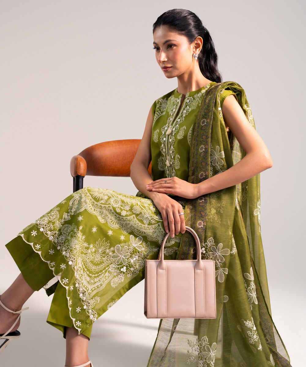 Women's Stitched for You Lawn Green Embroidered 3 Piece Suit