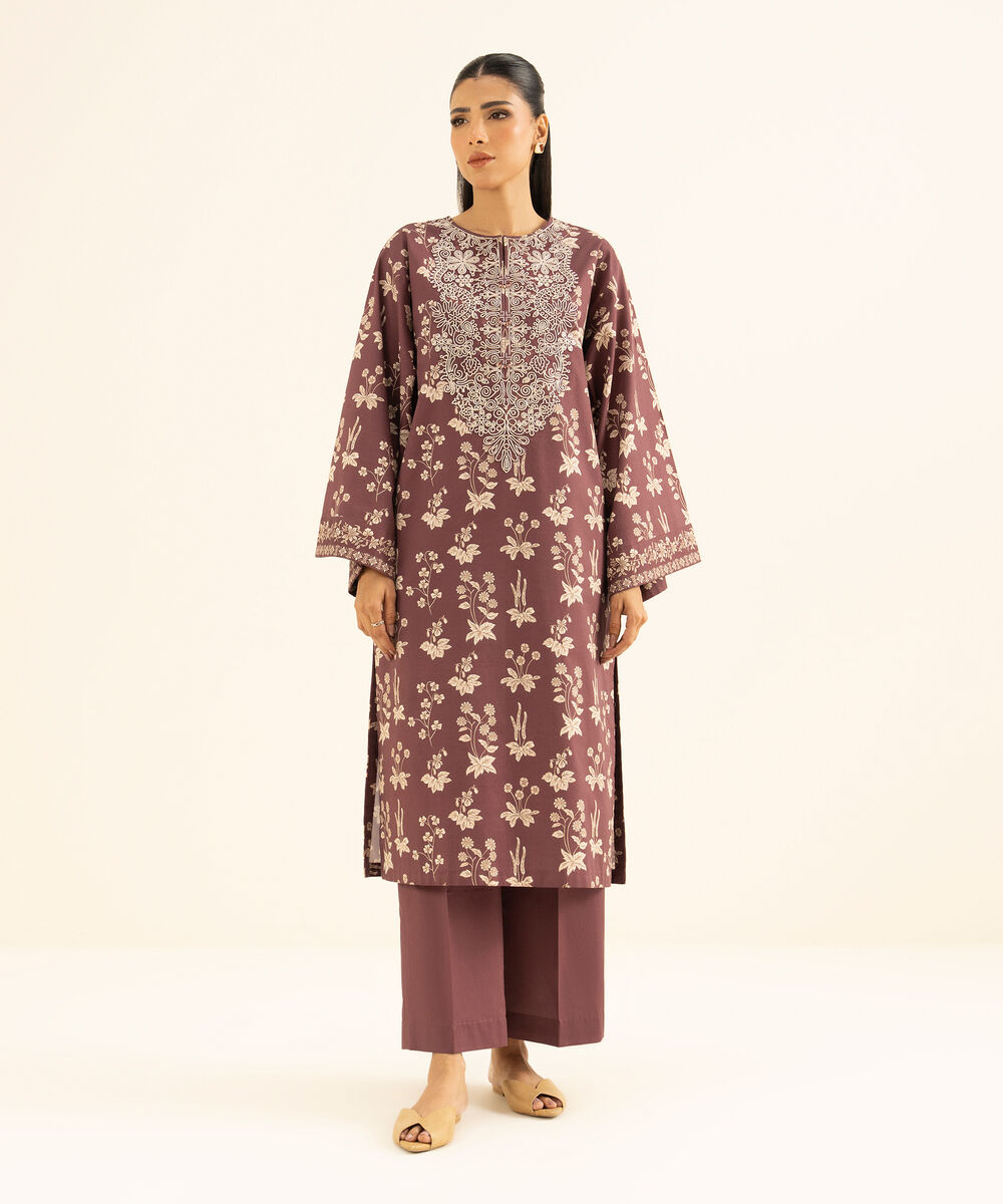 Women's Unstitched Textured Cotton Embroidered Red 2 Piece Suit