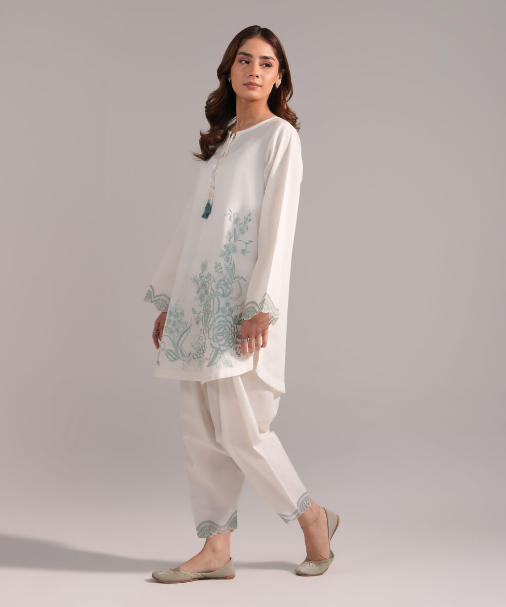 Women's RTW Crosshatch Embroidered Off White Straight Shirt