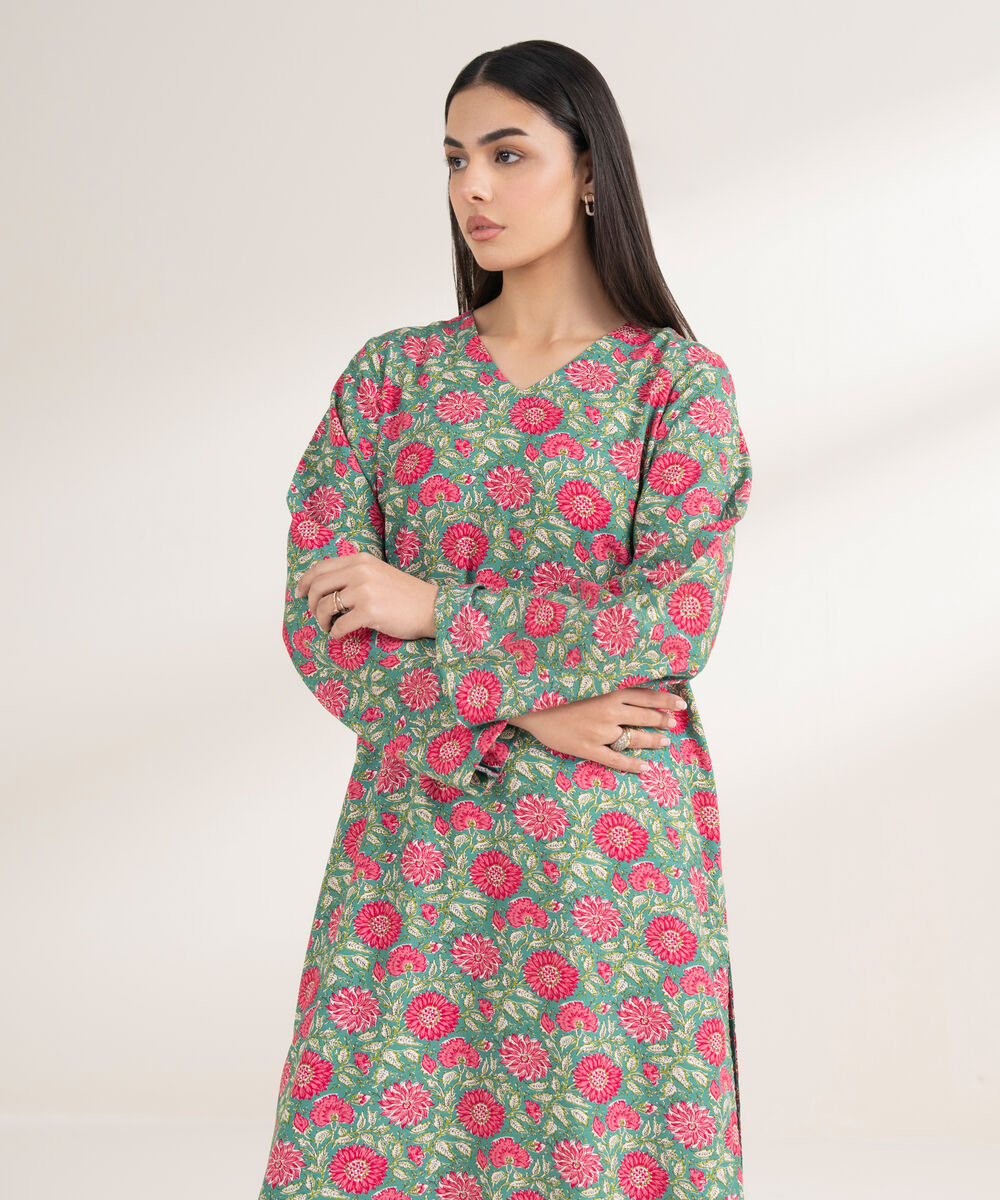 Women's RTW Arabic Khaddar Printed Straight Green Shirt