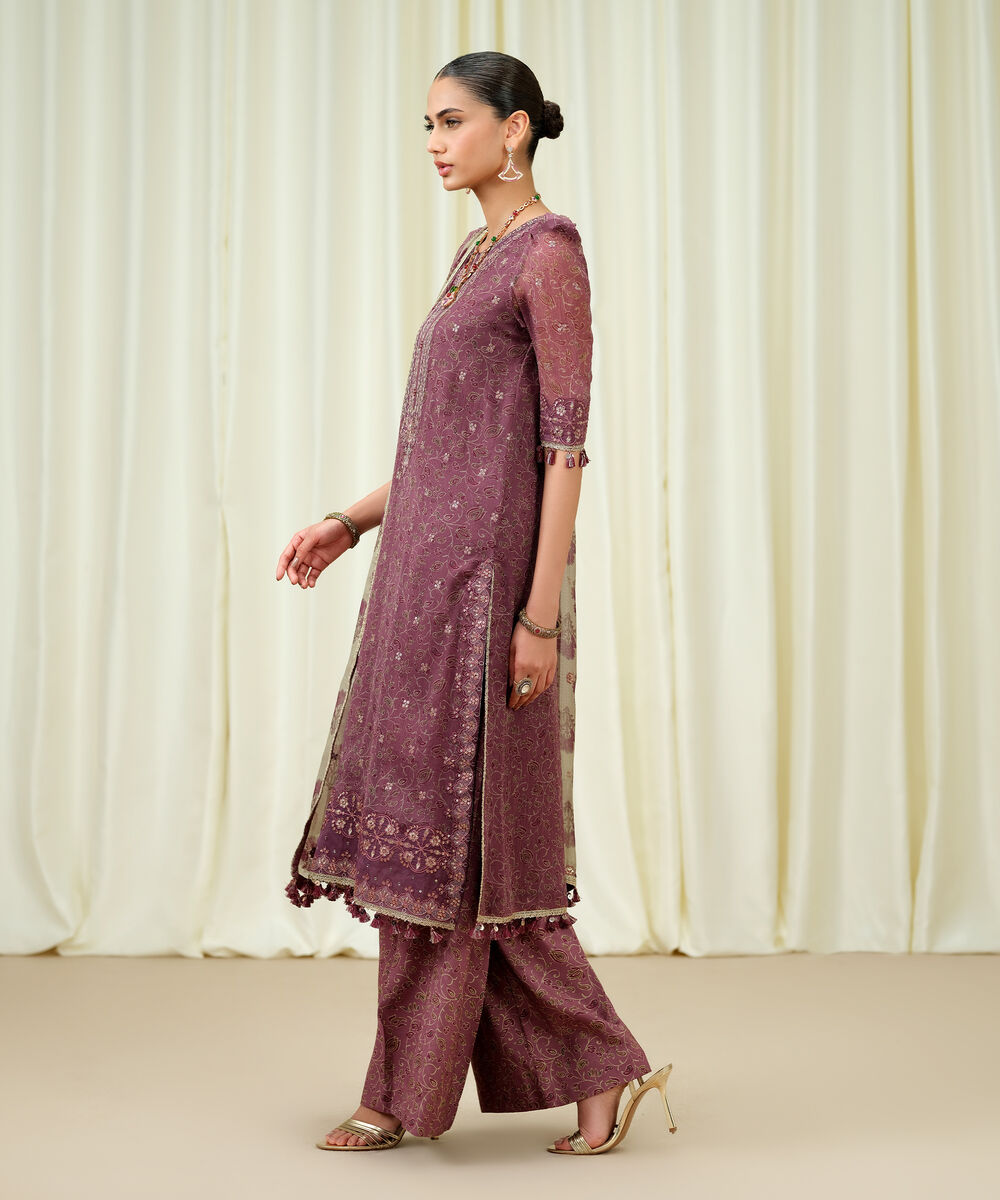 Women's Unstitched Blended Chiffon Embroidered Purple 3 Piece Suit