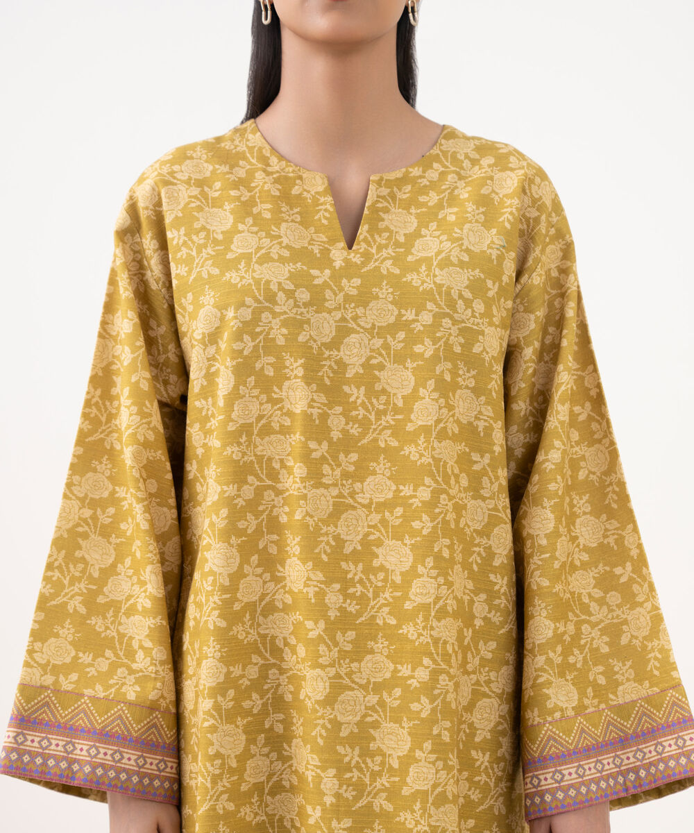 Women's Unstitched Khaddar Printed Yellow 3 Piece Suit