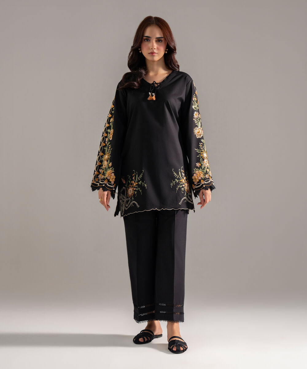Women's RTW Dobby Solid Black Straight Shirt