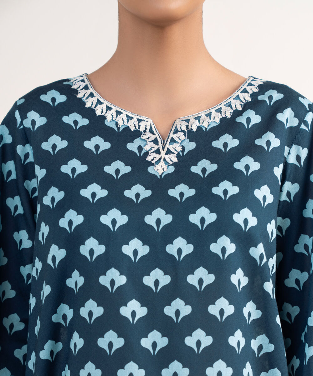 Women's RTW Textured Lawn Blue Embroidered A-Line Shirt