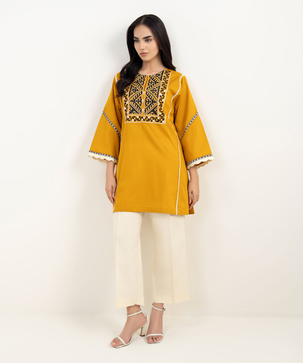 Women's RTW Dobby Embroidered Yellow Boxy Shirt