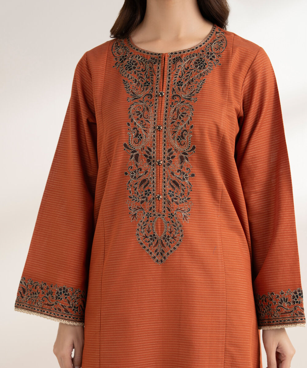 Women's RTW Zari Cotton Embroidered A-Line Rust Shirt