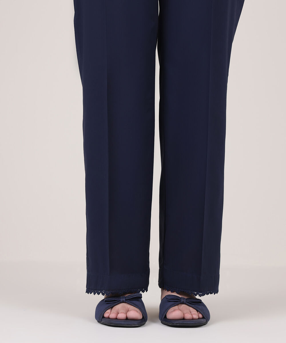Women's RTW Cambric Blue Solid Straight Pants