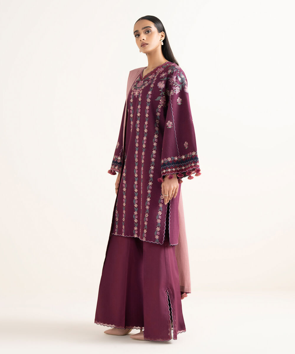 Women's Unstitched Dobby Embroidered Purple 3 Piece Suit