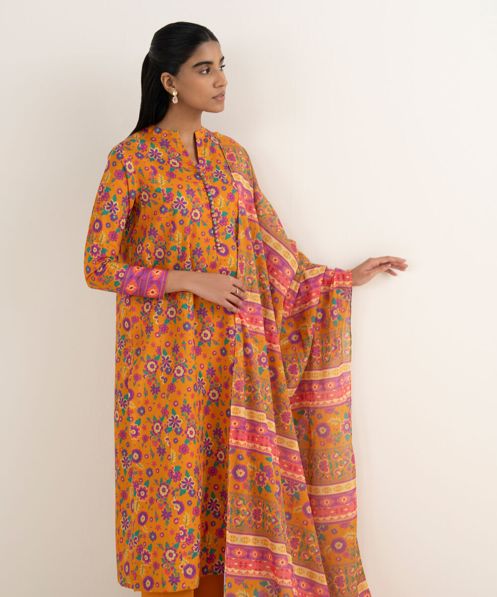 Women's Unstitched Lawn Printed Orange 3 Piece Suit