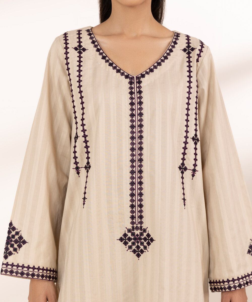 Women's RTW Textured Cotton Beige Embroidered A-Line Shirt