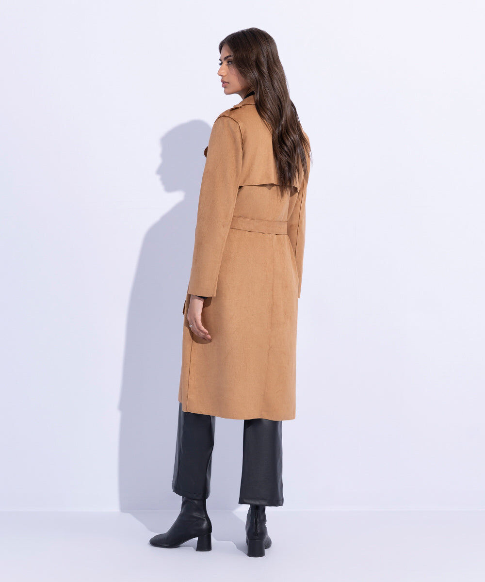 Woman - Brown Suede Trench Coat with Belt