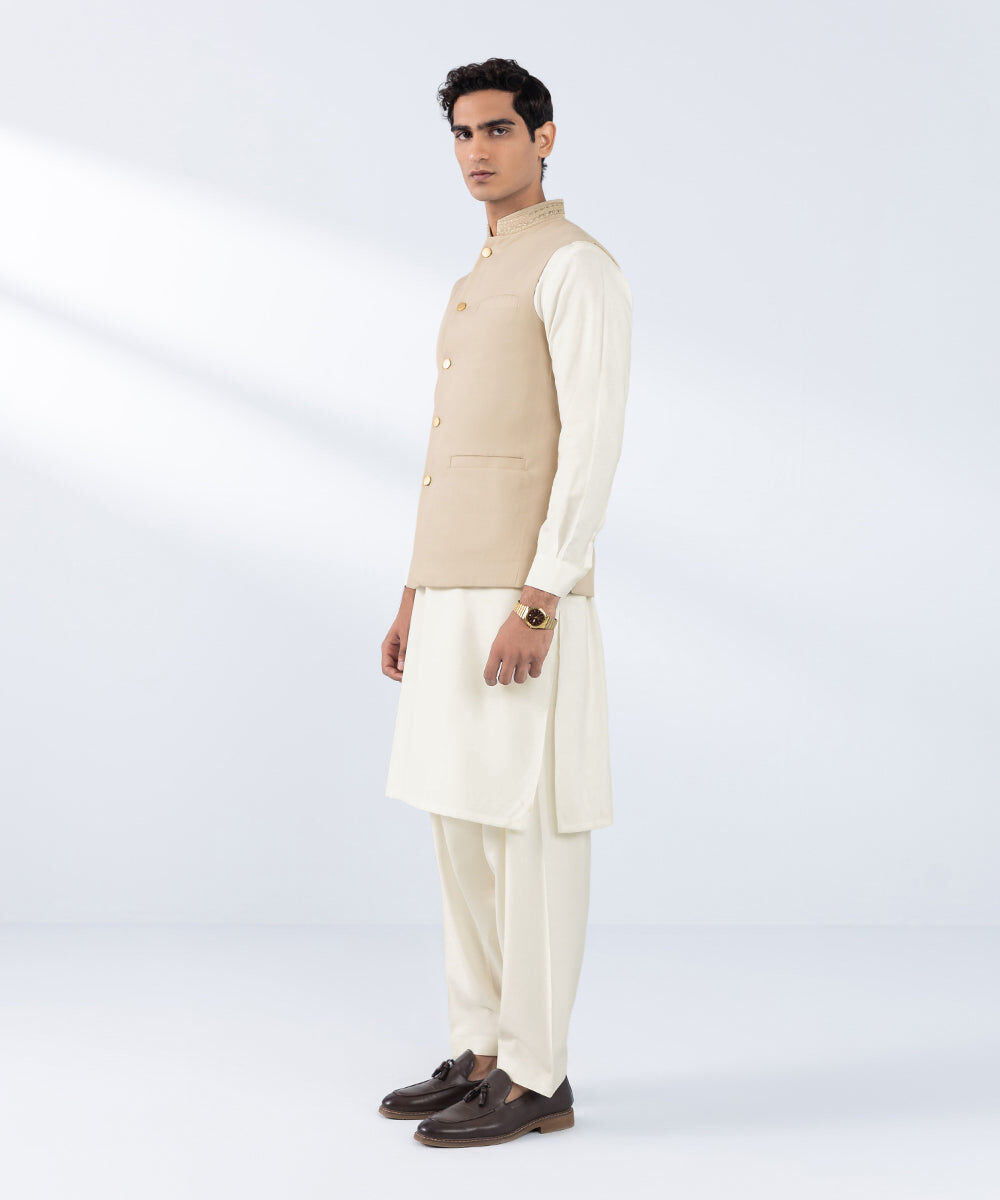 Men's Stitched Embroidered Beige Premium Wash & Wear Waistcoat