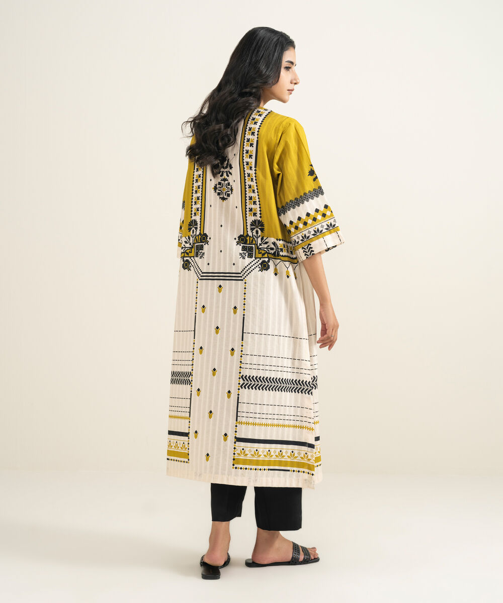 Women's RTW Textured Cotton Printed Mustard Yellow A-Line Shirt