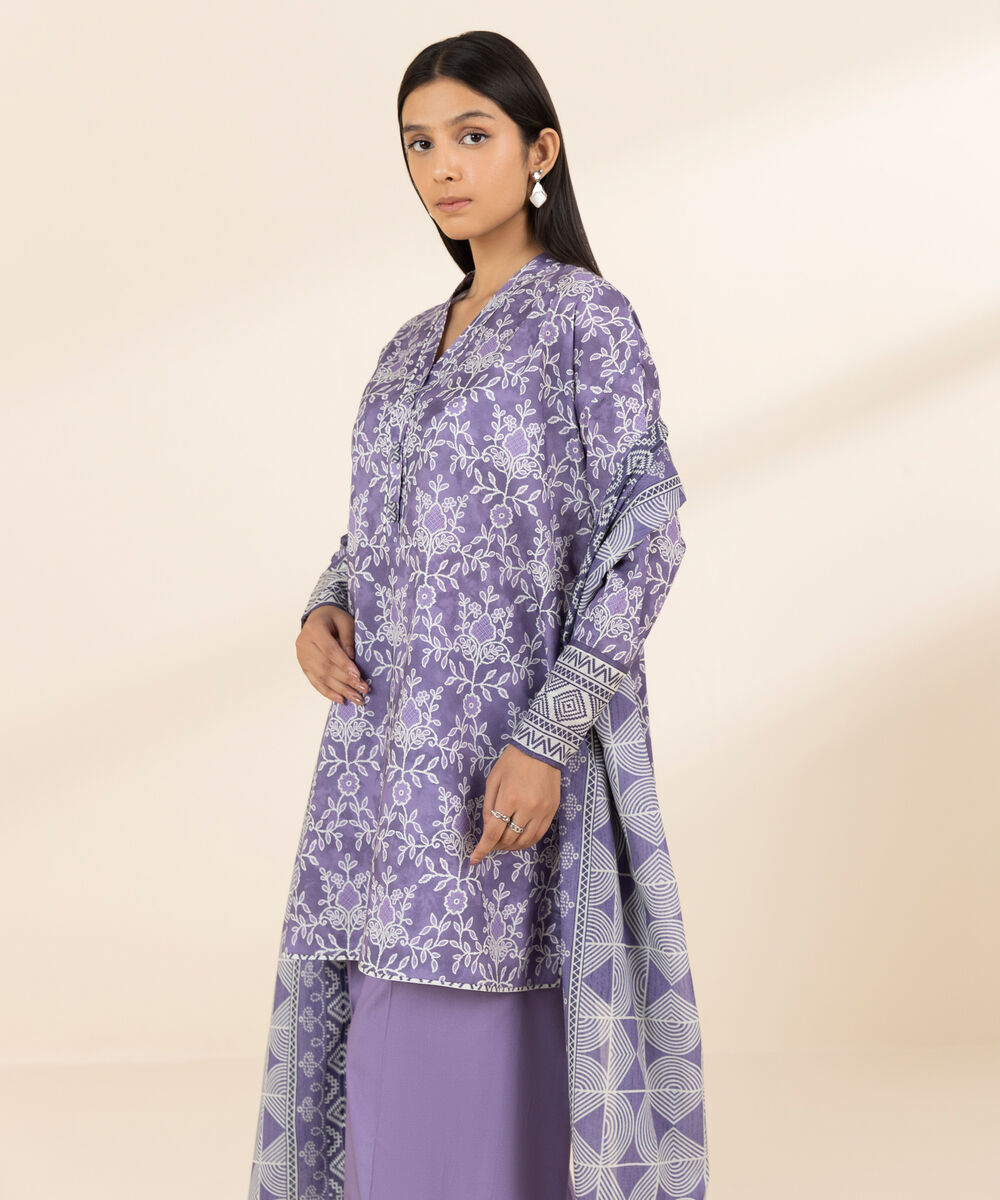 Women's Unstitched Lawn Printed Purple 3 Piece Suit