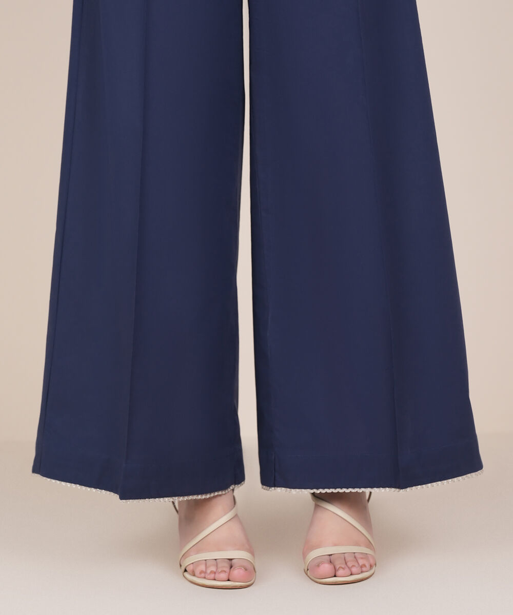 Women's RTW Cambric Blue Solid Flared Pants