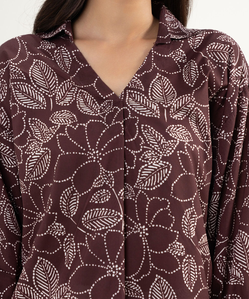Women's RTW Lawn Printed Maroon Boxy Shirt