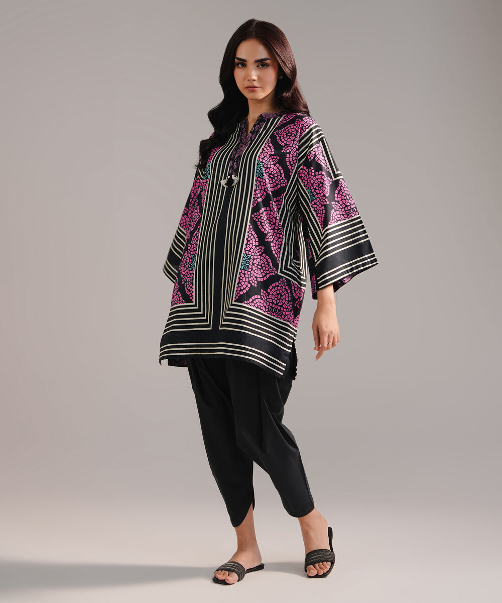 Women's RTW Cambric Printed Black Drop Shoulder Shirt