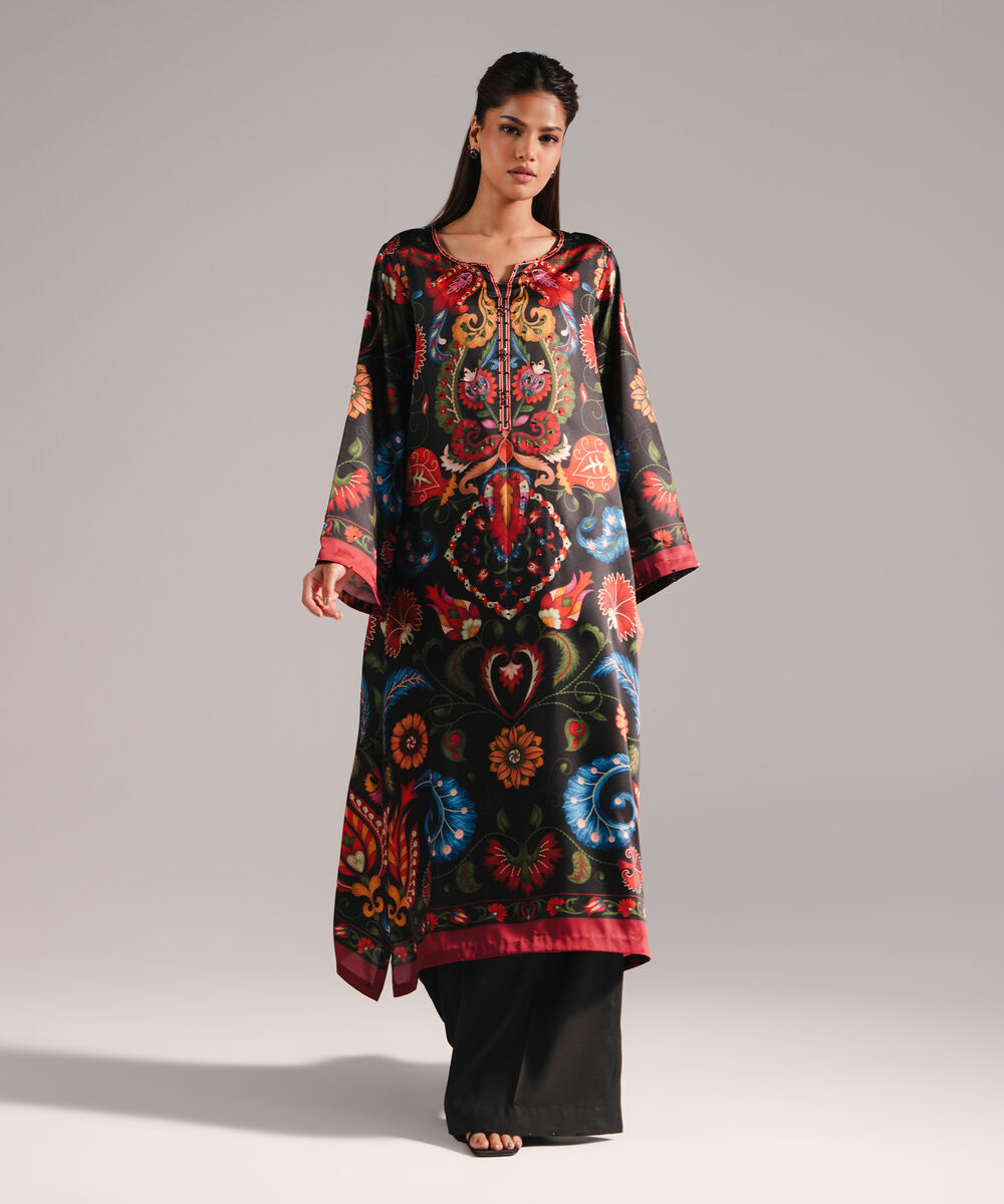 Women's RTW Blended Satin Printed Black 2 Piece Suit