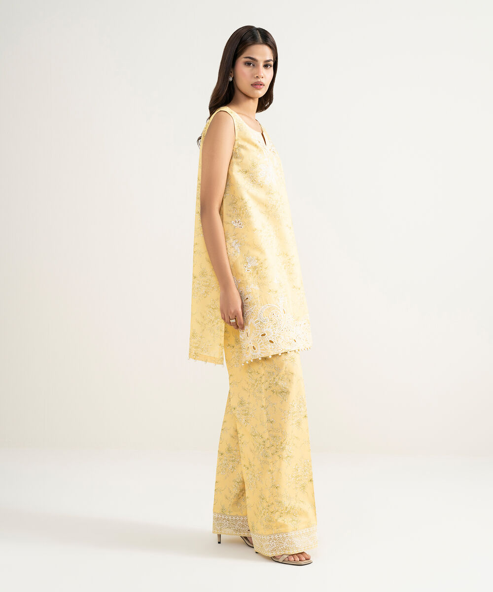 Women's RTW Zari Cotton Embroidered Yellow Straight Shirt