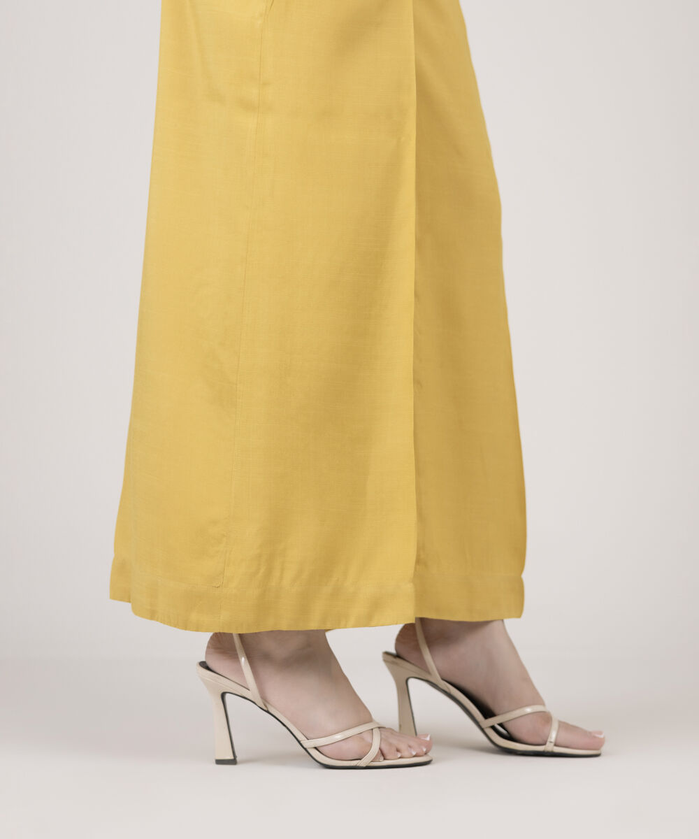 Women's RTW Viscose Raw Silk Solid Yellow Flared Pants