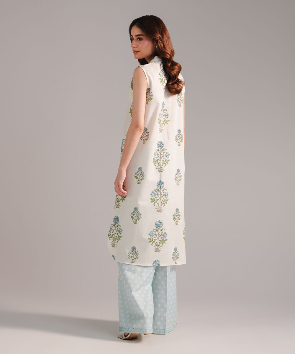 Women's RTW Slub Lawn Printed Light Blue Straight Shirt