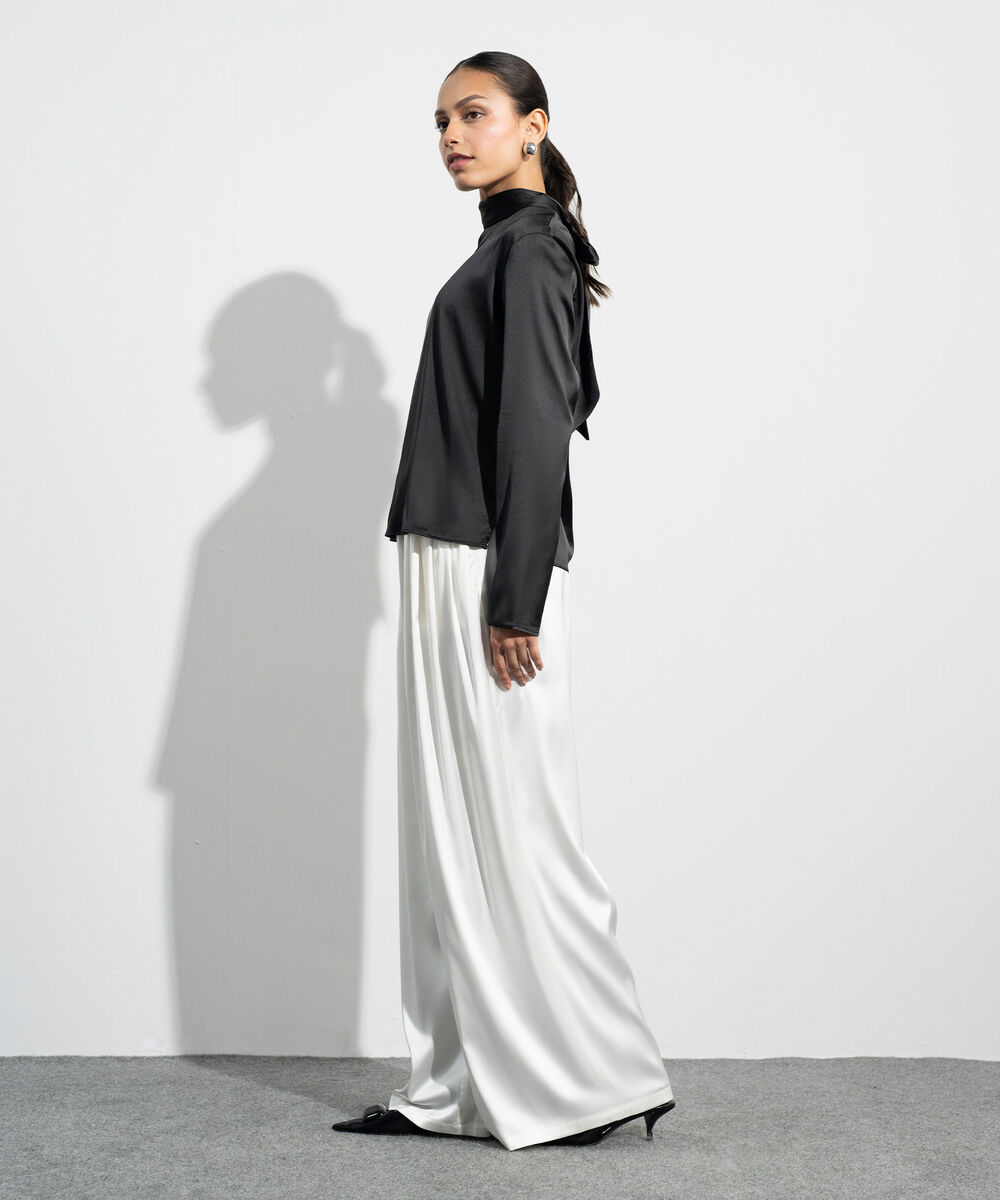 Women's Western Cream Pleated Super Wide Leg Satin Trousers