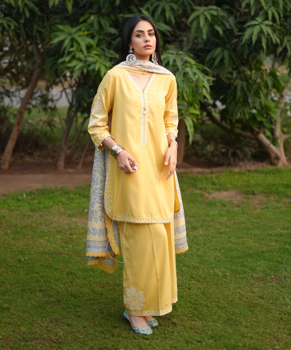 Women's RTW Raw Silk Viscose Embroidered Yellow 3 Piece Suit