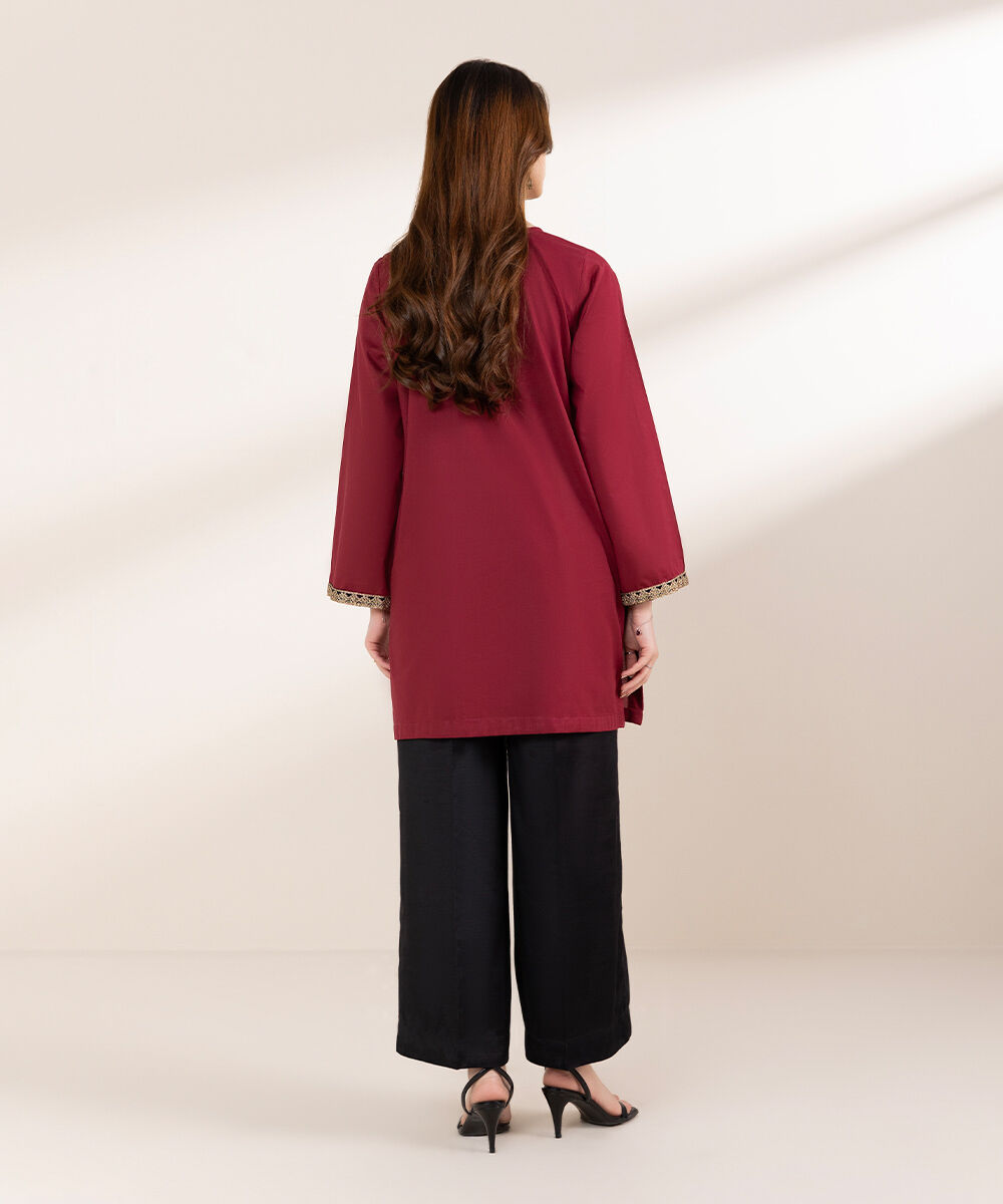 Women's Pret Cambric Maroon Embroidered Front Open Jacket