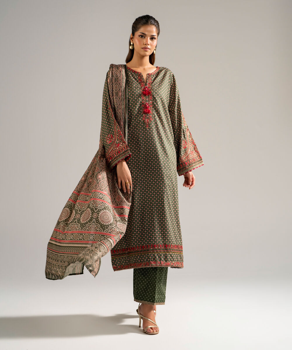 Women's RTW Dobby Embroidered Green 3 Piece Suit