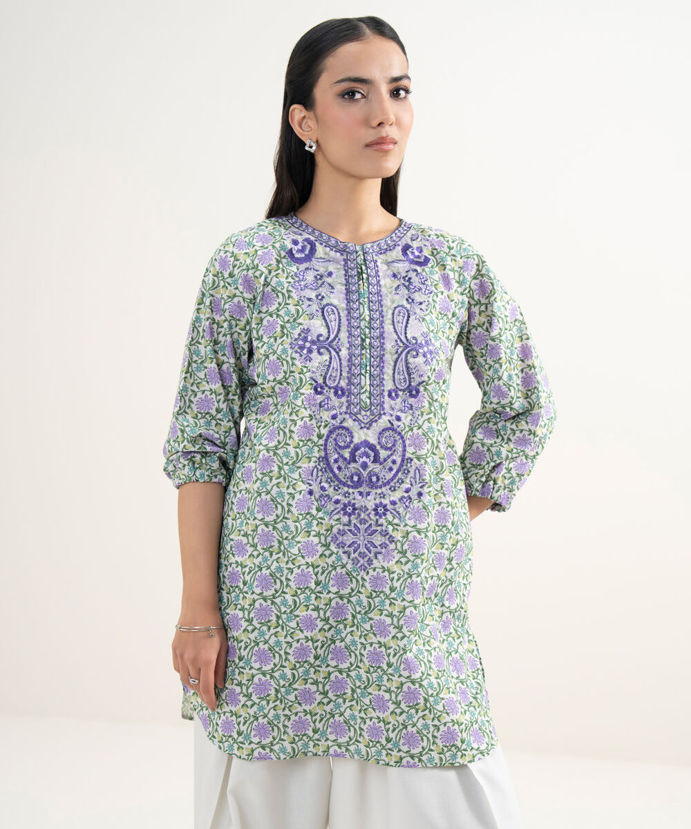 Women's RTW Slub Lawn Embroidered Light Grey Straight Shirt