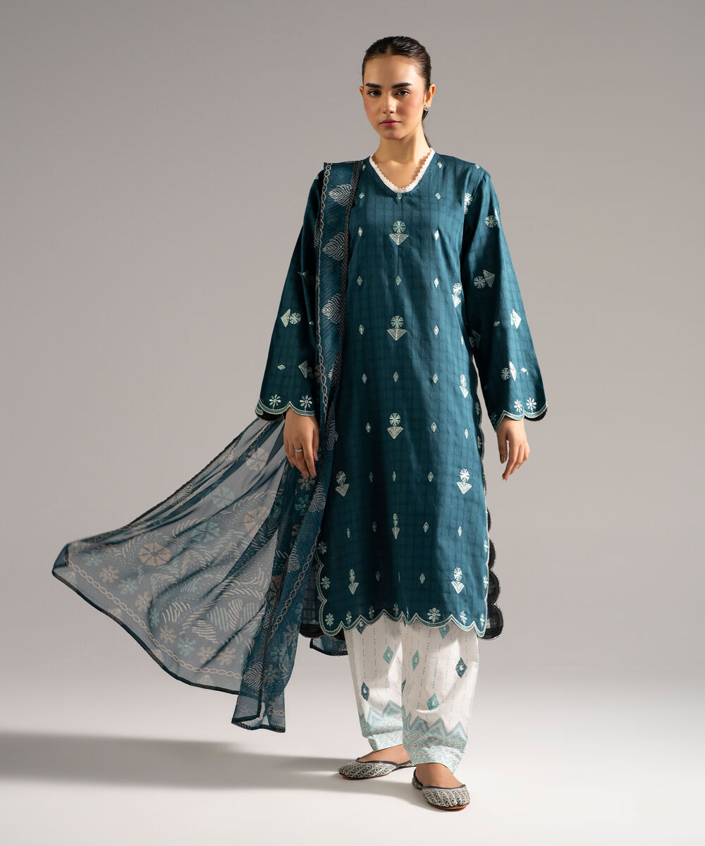 Women's RTW Dobby Embroidered Green 3 Piece Suit