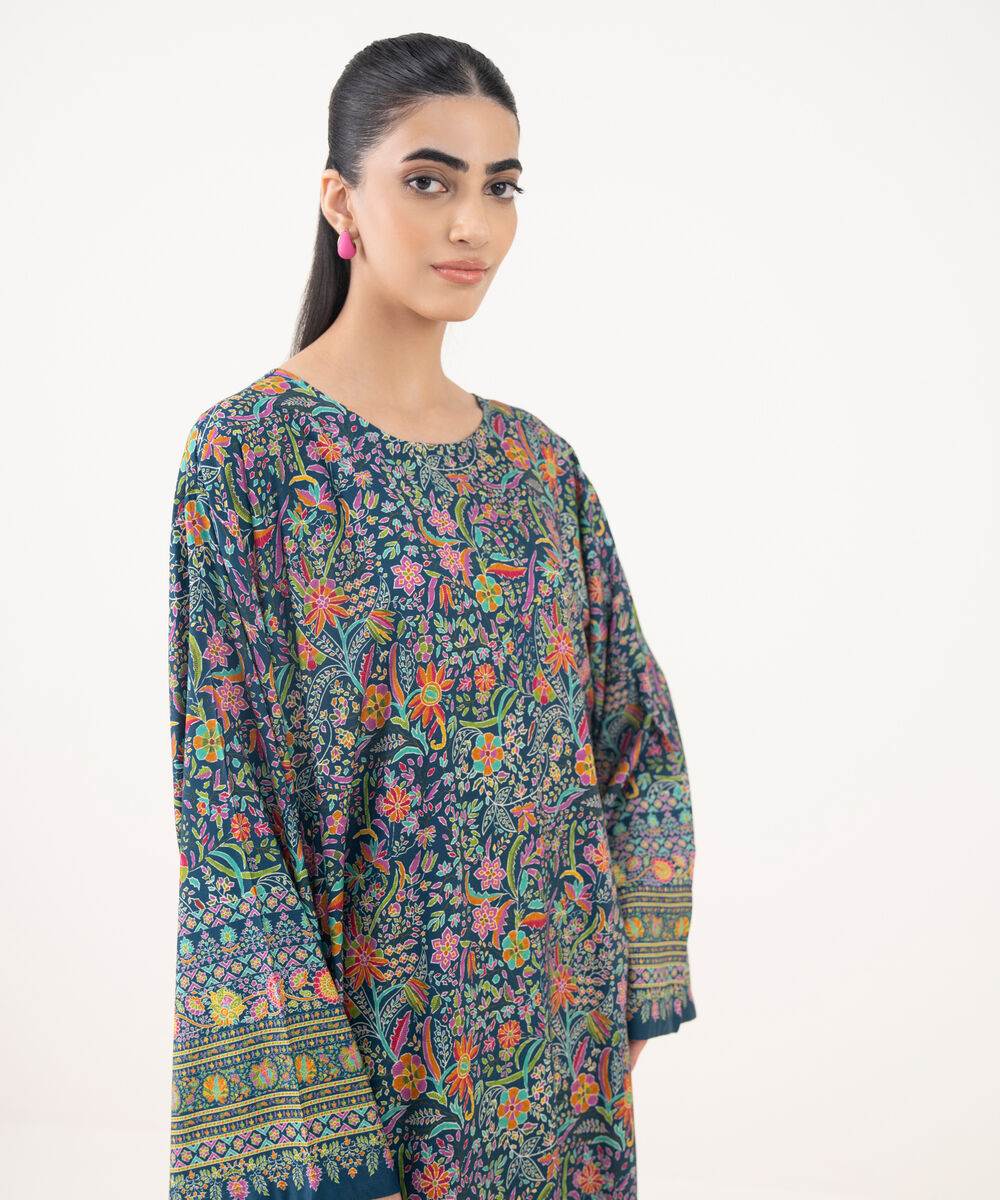 Women's RTW Viscose Linen Teal Printed Drop Shoulder Shirt