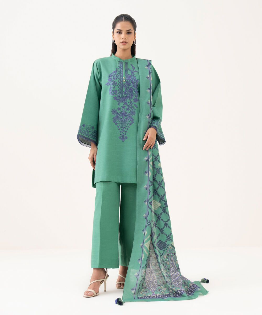 Women's Unstitched Light Khaddar Embroidered Green 3 Piece Suit