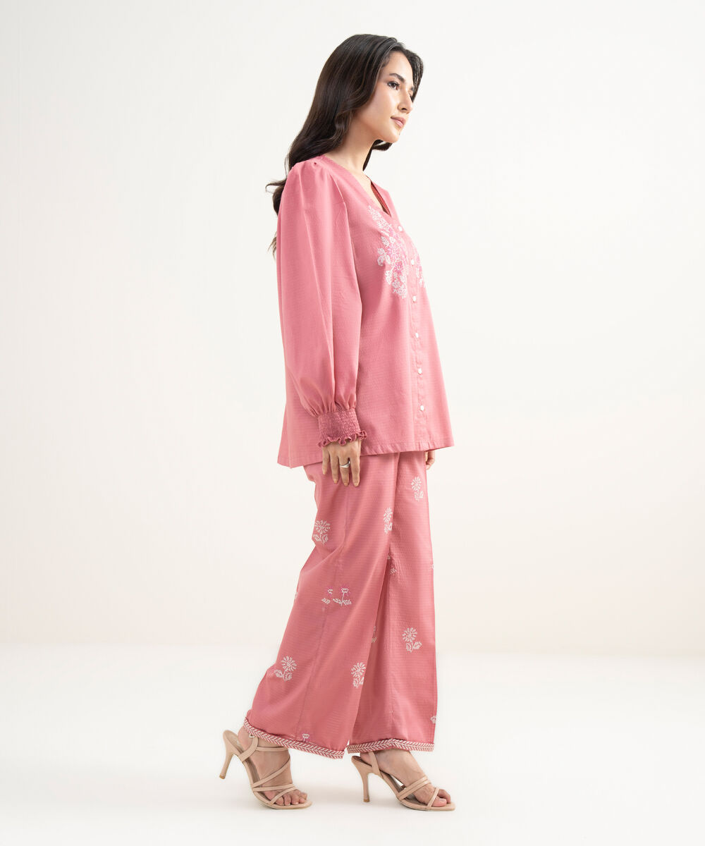 Women's RTW Dobby Embroidered Pink Straight Shirt