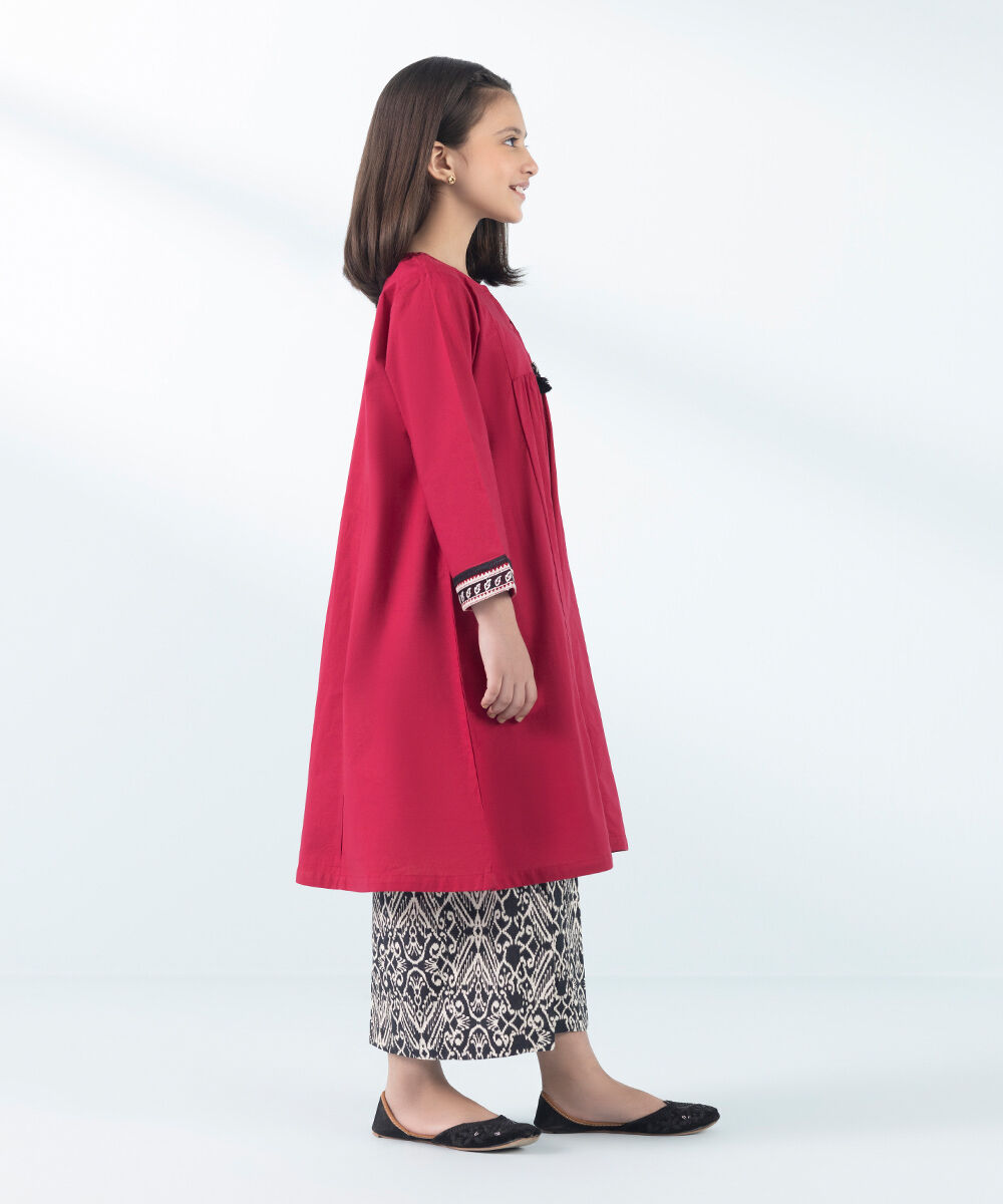 Girls - Red 2 Piece - Embroidered Cambric Suit