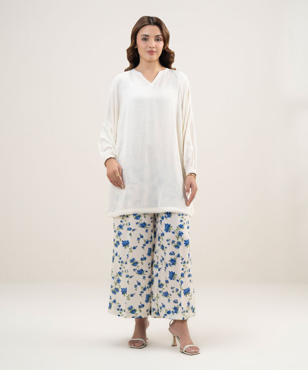 Women's RTW Arabic Self Jacquard Solid Cream White Drop Shoulder Shirt